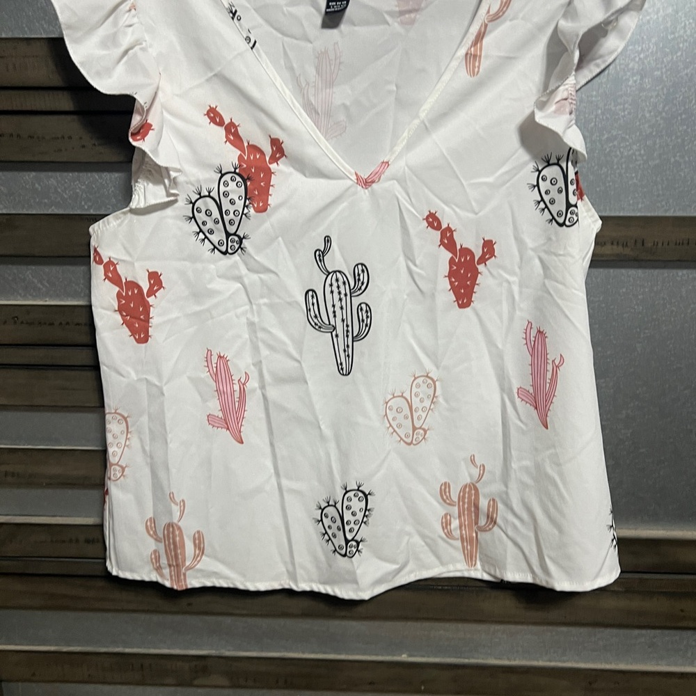 SHEIN White Cactus Print Blouse